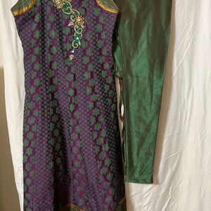 Purple and Green Embroidered Dress and pants  embellishment and bead work .